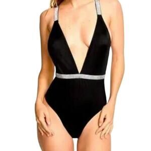 Victorias Secret Rhinestone Swim XL Black Plunge Sexy Bling Beach Travel New
